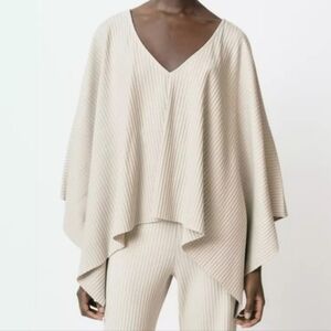 ZARA Ribbed Knit Poncho Top Beige